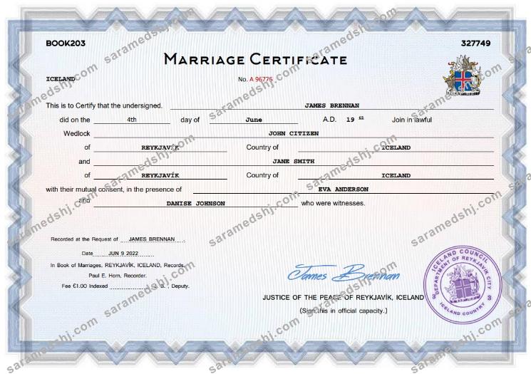 Iceland marriage certificate Word and PDF template